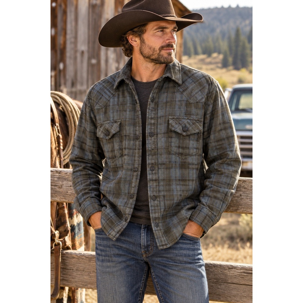 Cody James Men's Fleece Lined Flannel Shirt Jacket Gray Blue Western Workwear M